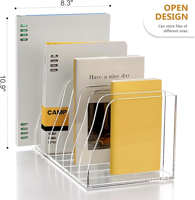SANRUI Acrylic Desk File Organizer, 8 Vertical Compartments Clear Magazine File Holder Workspace Sorters, Folder Rack for Office Accessories Organization Storage
