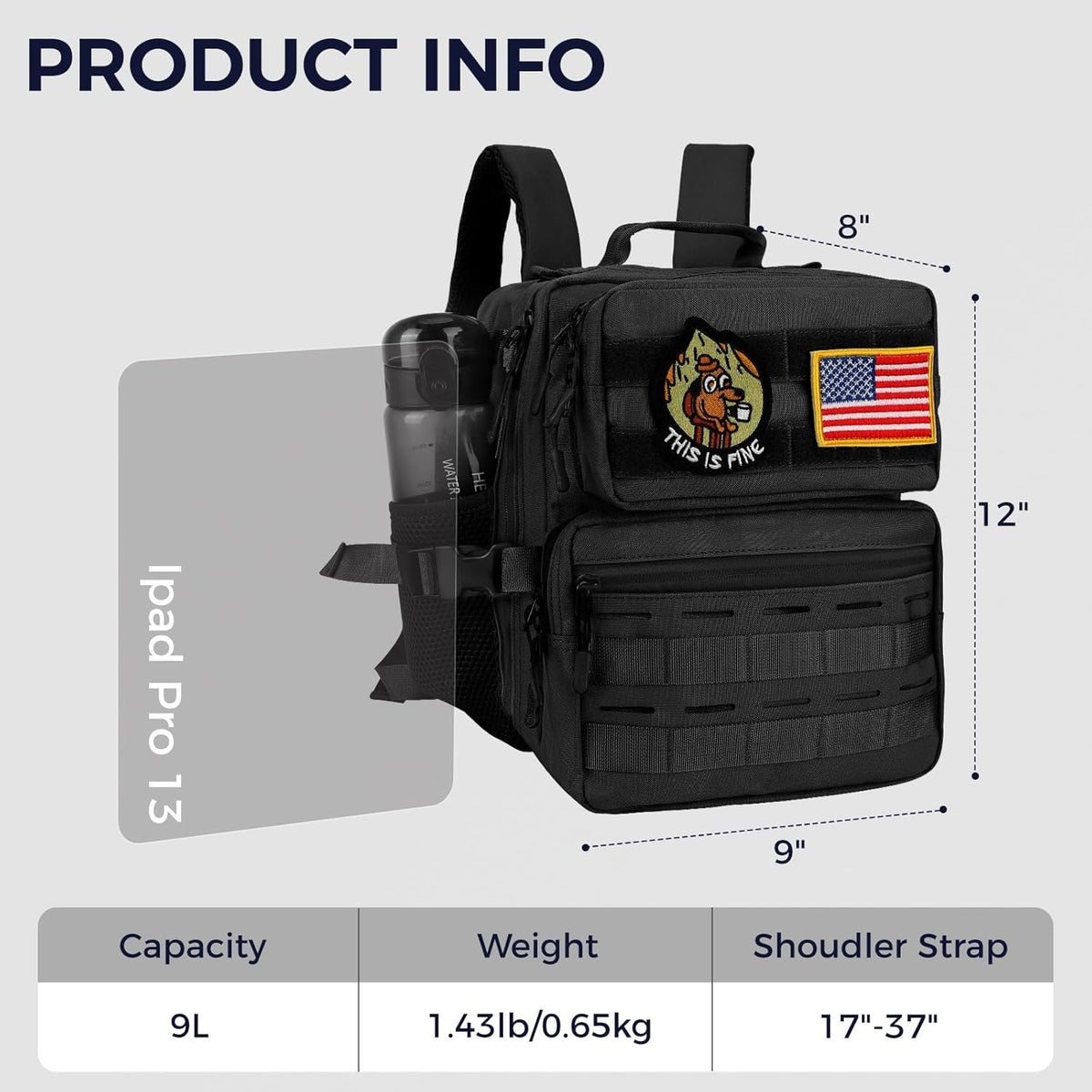 Skiennix 9L Mini Tactical Backpack - Small Military Gym Bag for Men & Women | Black Molle Daypack