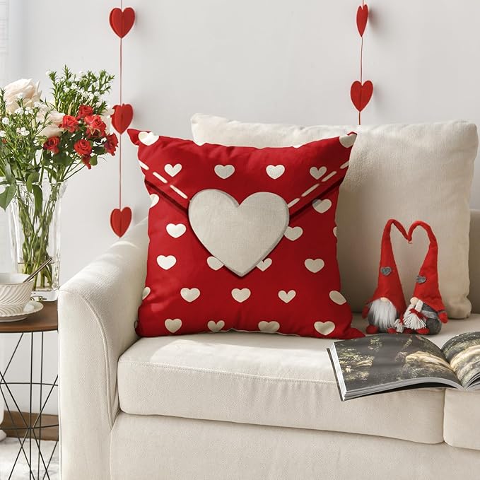 AVOIN colorlife Valentine's Day Envelope Throw Pillow Cover, 18 x 18 Inch Red Heart Red Anniversary Wedding Cushion Case Decoration for Sofa Couch