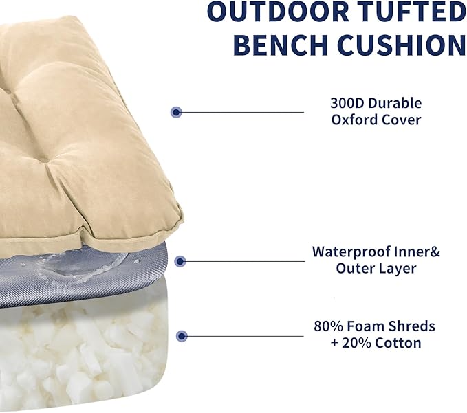 IPYNBAP Outdoor Bench Cushion, 48x18x5 Inch, Waterproof Bench Cushion for Outdoor/Indoor Furniture, Tufted Patio Bench Seat Cushion, Fade Resistant Outdoor Cushions for Porch Swing Couch, Beige