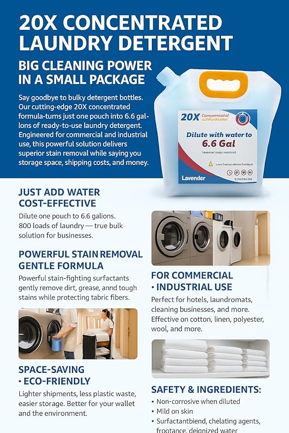 Liquid Laundry Detergent Refill, 20X Concentrated Bulk (Makes 2.6 Gal / 300 Loads) Stain & Odor Fighter, HE Compatible, Great Value for Large Families