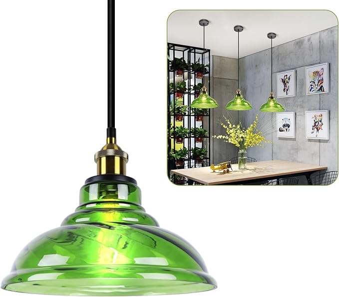 Vintage Pendant Light, Mid Century Modern Pendant Light with Hand Blown Green Glass Shade,Gold 1-Light Farmhouse Chandelier Ceiling Hanging Light fixtures for Dining Room Bedroom