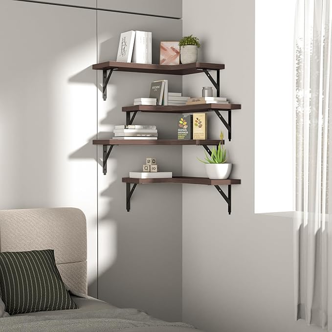 Corner Floating Shelves Wall Mounted Set of 4, Rustic Wood Storage Display Wall Shelves for Home Decor, Bathroom, Kitchen, Bedroom, Living Room, Office (Brown)