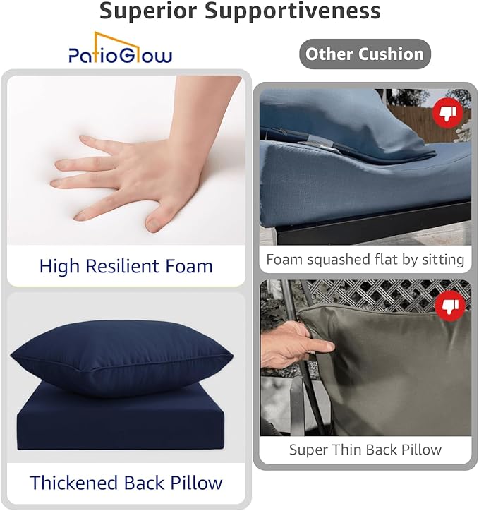 PatioGlow Outdoor Seat Cushion Set 22 x 24 x 4 Inch, Waterproof & Fade Resistant Patio Furniture Cushions with Removable Cover and Ties, Thick Deep Seating Pads for Outside Chair Sofa Couch, Dark Blue