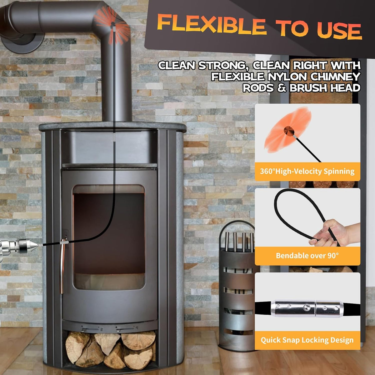 26 Feet Chimney Sweep Kit, Chimney Cleaning Kit with 8 Flexible Black Chimney Rods, Chimney Brush for Sweeping Fireplace, Rotary Chimney Cleaning System Driven by Drill