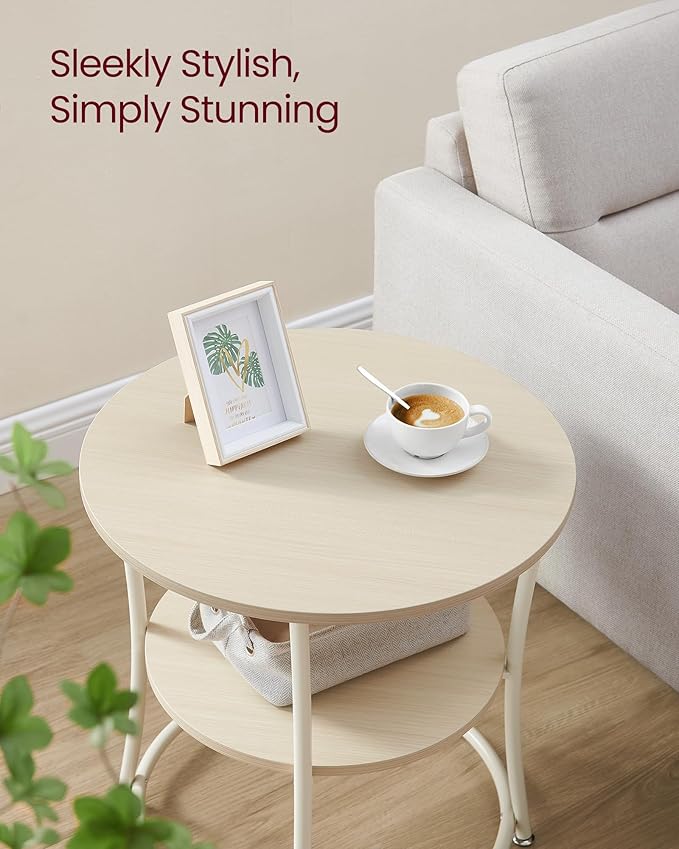 VASAGLE 21.7-Inch Round Side Table, 2-Tier End Table, Nightstand with Steel Frame, Spacious Top, for Small Spaces, Living Room, Bedroom, Natural Beige ULET056N01