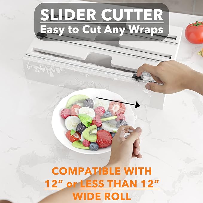 SpaceAid WrapNeat 3 in 1 Wrap Organizer with Cutter and Labels, Plastic Wrap, Aluminum Foil and Wax Bamboo Dispenser for Kitchen Storage Organization Holder for 12" Roll (White)