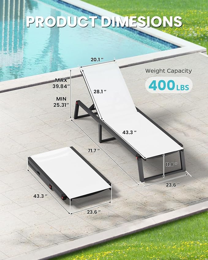 Aluminum Chaise Lounge Chair Outdoor, Foldable& No Assembly Patio Pool Lounge Chairs 5-Position Recliner for Outside, Fully Grounded Legs Sun Lounger for Poolside, Bright White, 2 Pack