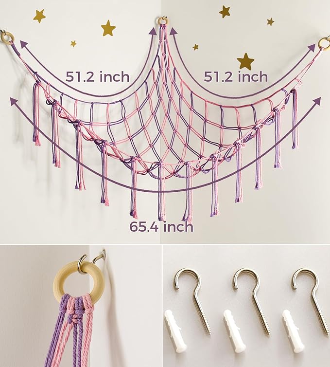 Large Stuffed Animal Hammock Corner Net for Toys Storage Hanging Stuff Animal Organizer Holder Pink Purle Girls Room Bedroom Boho Nursery Decor
