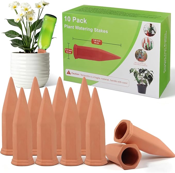 Tcamp 10 Pack Terracotta Watering Spikes, Plant Watering Devices Wine Bottle Automatic Plant Self Watering Spikes for Vacations, Self-Watering Stakes for Indoor Outdoor Plants