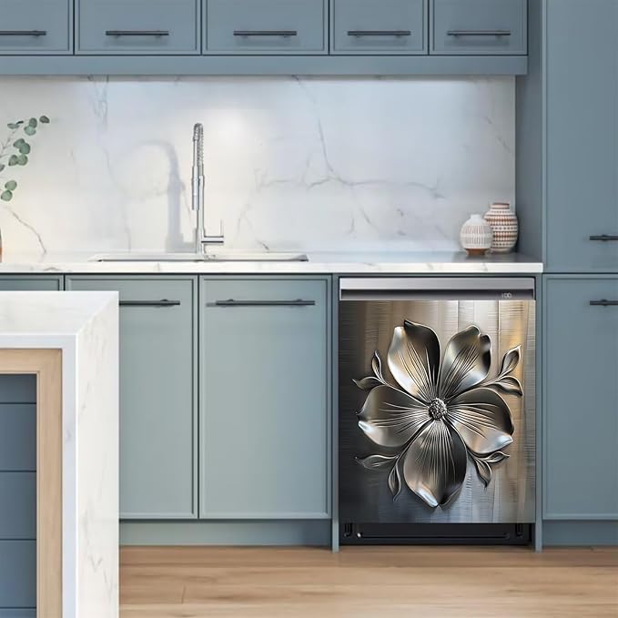 Metal Flower Dishwasher Magnetic Cover for Door Front, Retro Style Stainless Steel Refrigerator Magnet Decor Sticker, Dishwasher Magnet Panel Decal for Fridge Home Appliance 23 W x 26 H inches