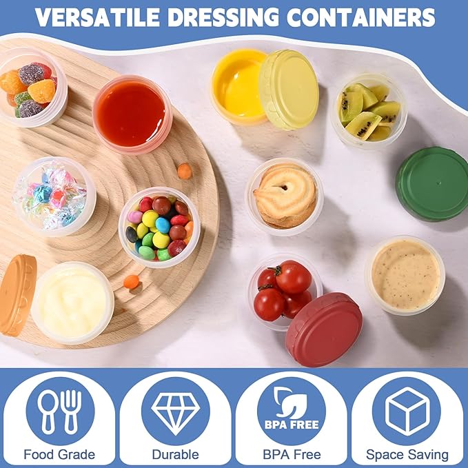 6pcs 2 oz Salad Dressing Container, Reusable Condiment Containers Sauce Cups with Leak-proof Lids, Small Plastic Food Storage Dip Containers for Lunches, Freezer, Microwave & Dishwasher Safe