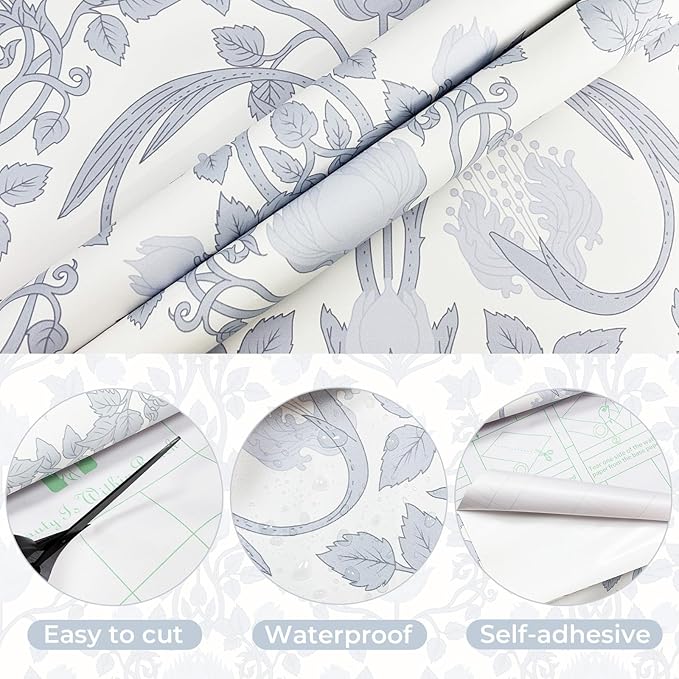 YXTII 17.3"×78.7" Blue Floral Peel and Stick Wallpaper, Damask Vintage Wallpaper