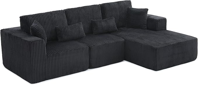 L Shaped Modular Boneless Sectional Couches for Living Room, Wide Armrest, Deep Seat, Memory Foam, Assembly Free, Modern Comfy Corduroy Fluffy Cloud Sofa with Right Chaise, Black