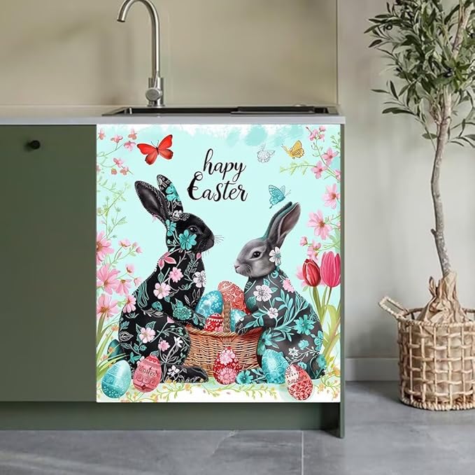 Happy Easter Kitchen Decor Dishwasher Magnet Cover Decal, Bunny Rabbits with Floral Magnetic Dish Washer Panel Door Vinyl Sticker, Refrigerator Magnets,Easy to Clean, 23 x 26 inch