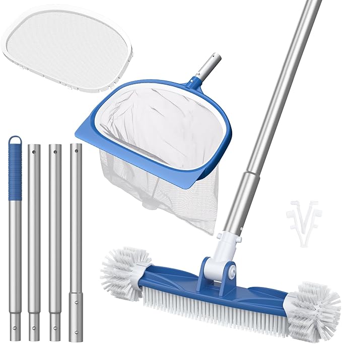 CKE Swimming Pool Cleaning Kit - Telescopic Pole, Rotatable Brush, Fine Mesh Skimmer Net for Inground & Above Ground Pools