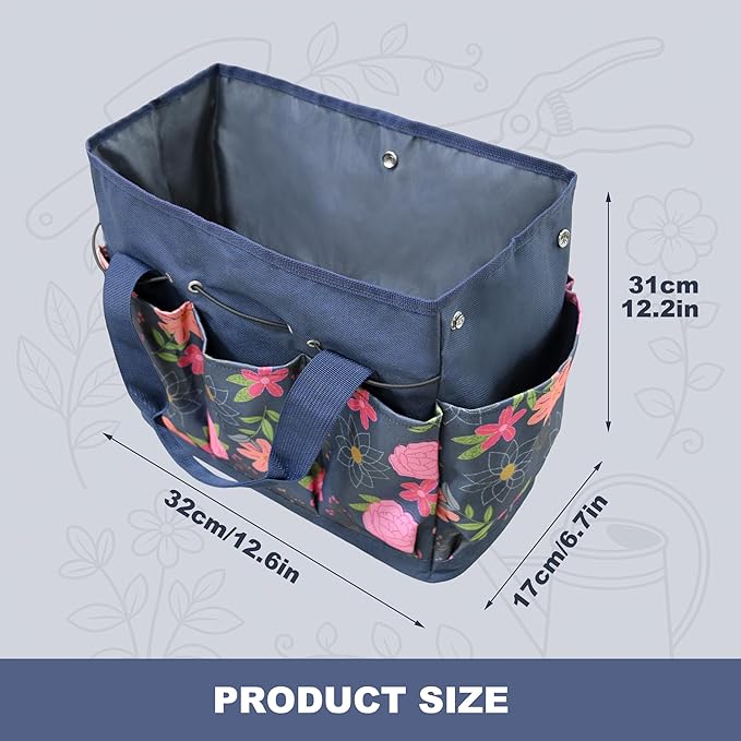 Waterproof Garden Tool Bag, 600D Oxford Portable Gardening Tote with Handle & Multi Pockets, Ideal Gifts for Parents Women (Blue, Tools Not Included)