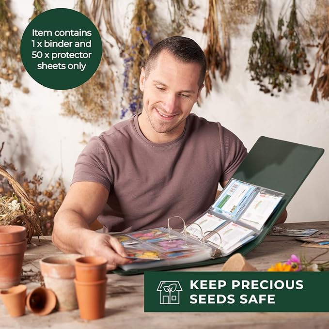 Seed Storage Organizer Binder - Seed Packet Organizer with 50 Pack Sheet Protectors that stores 200 Seed Envelopes. Seed Storage Binder delivering complete Seed Saving Kit for every Garden Lover.