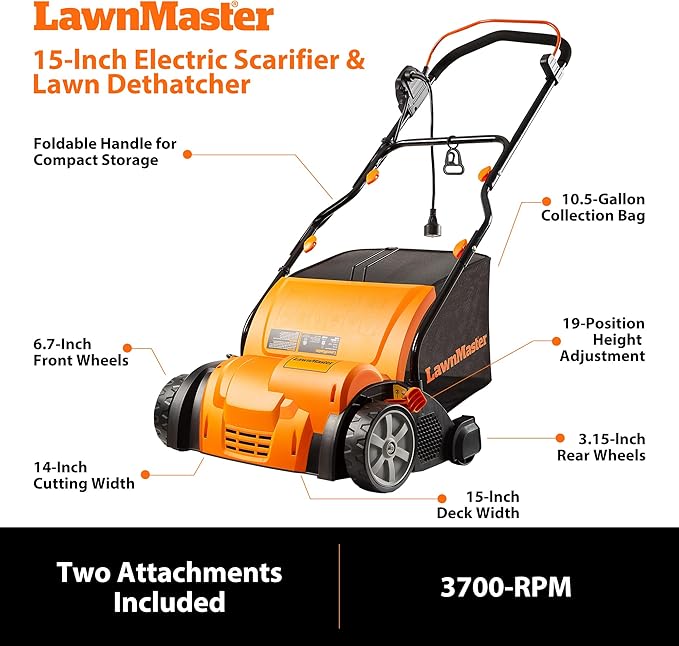 LawnMaster 15” 13 Amp Dethatcher and Scarifier with 10.5 Gallon Collection Bag-GV1314