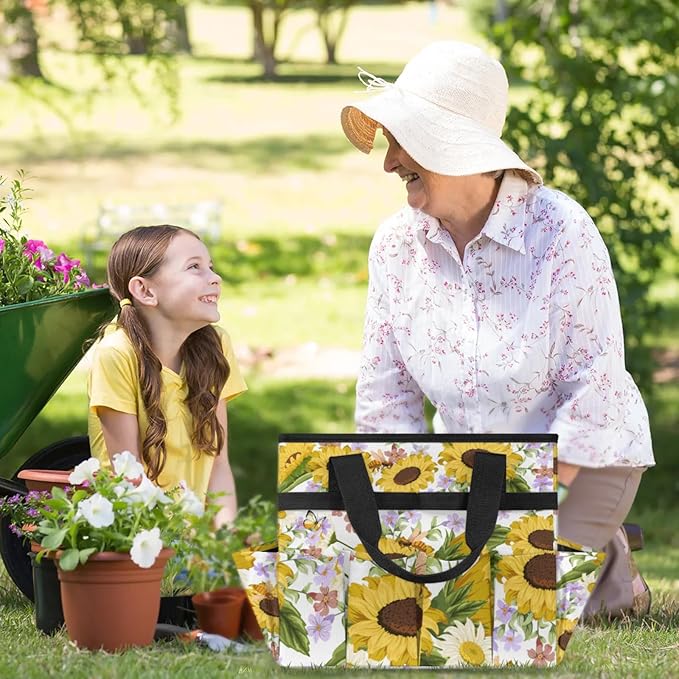 Garden Tote Bag with Pockets Sunflower Gardening Bags for Tools Organizer Heavy Duty Storage Bag with Handle for Lawn Yard Casual
