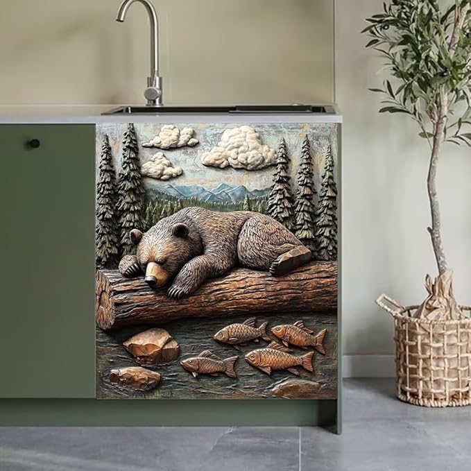 Rustic Bear and Fish Scene Kitchen Decor Dishwasher Magnet Cover Decal, 3D Embossed Wildlife Magnetic Dish Washer Panel Door Vinyl Sticker, Refrigerator Magnets,Easy to Clean, 23 x 26 inch