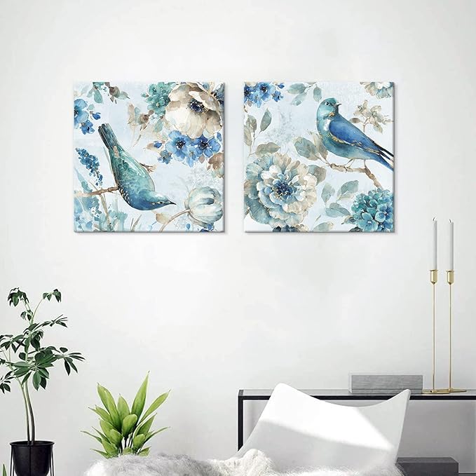 SEVEN WALL ARTS Birds and Flowers Canvas Wall Art 2 Pieces Print Picture Abstract Navy Blue Birds on Blossom Floral Tree Painting Garden Themed Artwork for Bedroom Living Room Office Painting Photo