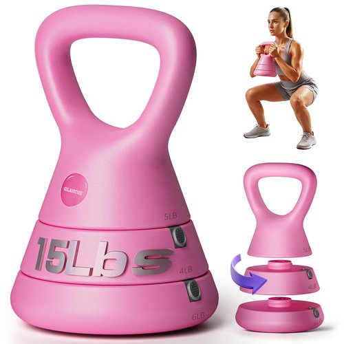 Adjustable Kettlebell, 5lb 9lb 15lb Kettlebell Weights Set, Ergonomic Design & Wide-Handle for Home Gym, Full-Body Workouts Strength Training and Weight Loss, Good for Men Women & Beginners (Pink)