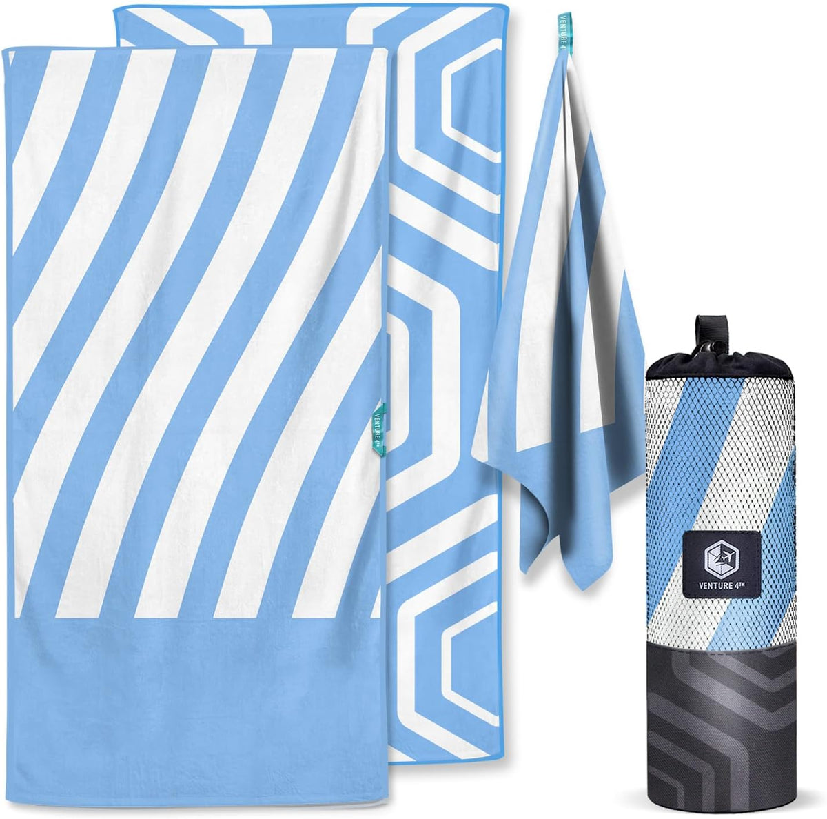 VENTURE 4TH Microfiber Beach Towel - Quick-Dry, Compact & Sand-Free | Sky Blue Stripes, 35x78 Inches