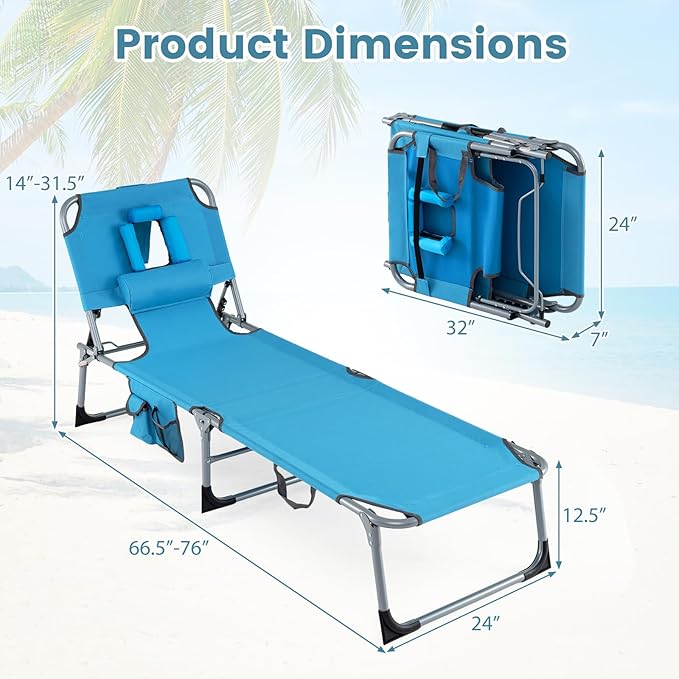 COSTWAY Tanning Chair with Face Hole, Folding Beach Lounge Chair with 4-Position Adjustable Backrest, Pillow & Side Pocket, Foldable Chaise Lounge Chair Outdoor for Sunbathing, Camping (2, Blue)