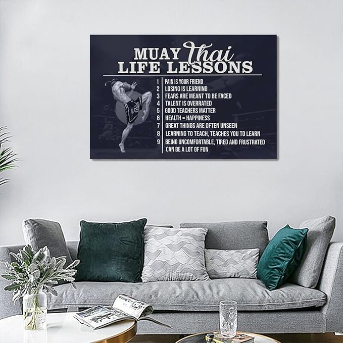 Muay Thai Wall Art Muay Thai Pictures Wall Decor Life Lessons Canvas Prints Boxing Decorations Painting Framed Artwork Office Home Decor For Bathroom Bedroom Dining Living Room 24"x16"