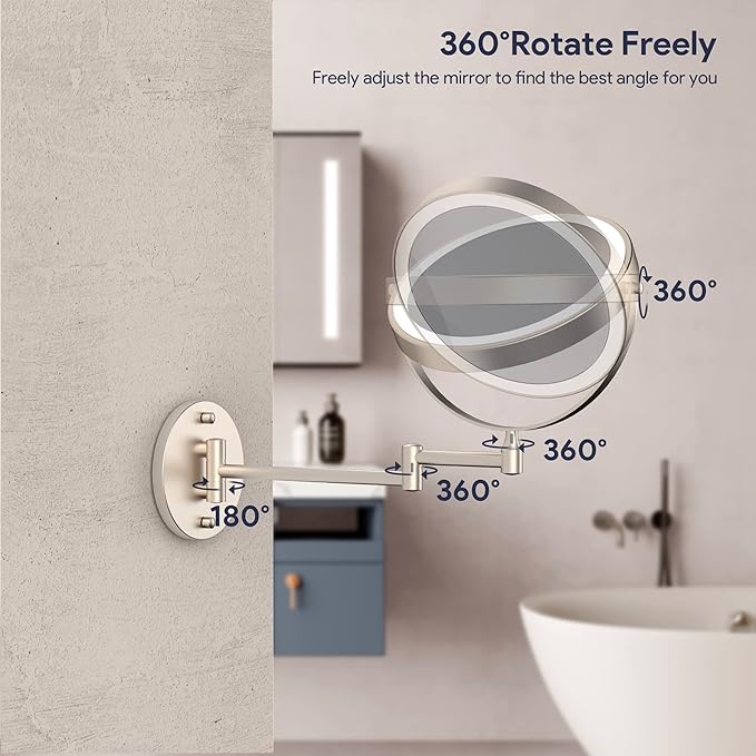 Rocollos Rechargeable Wall Mounted Lighted Makeup Mirror, 8 Inch Double-Sided
