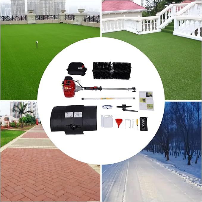 2 Stroke Gas Power Broom Sweeper Handheld Turf Grass Cleaner Driveway Snow Cleaning Machine Tool Walk Behind Tractor 1-Cylinder Air-Cooled (52CC-2.3HP/1700W)