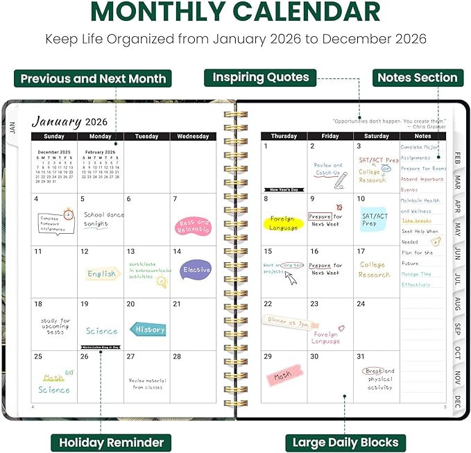 2026 Planner, Weekly and Monthly Planner for Women, Jan 2026 - Dec 2026 Pretty 2026 Calendar Planner with Monthly Tabs, Inner Pocket, Spiral Binding, Perfect for Office Home School - 6.3" x 8.5", Succulent