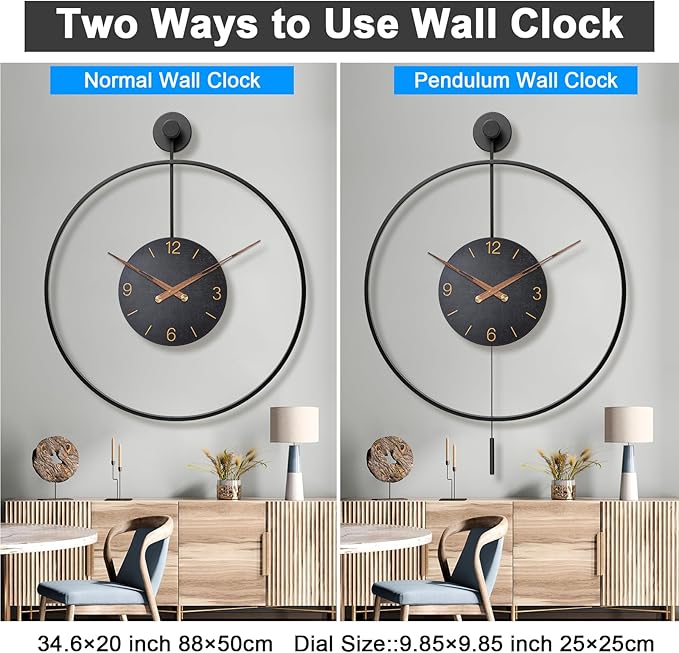 Pytha Sight Large Modern Wall Clock, 34.6×24 Inch Big Metal Minimalist Arabic