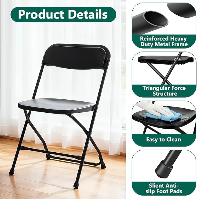 10 Pack Black Plastic Folding Chairs, Outdoor Portable Folding Chair with Steel Frame, 350lbs Capacity Stackable Foldable Chairs for Patio, Garden, Picnic, Kitchen, Events