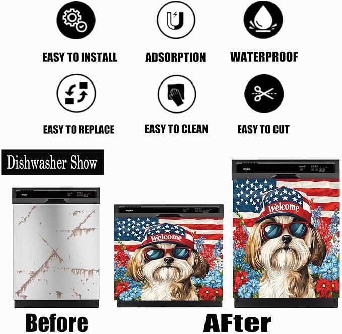 American Flag Pet Dogs Magnetic Sticker Dishwasher Cover Kitchen Decor, 23x26inch Floral Dishwasher Magnet Cover, Patriotic Dishwasher Decal, Refrigerator Panel,Magnetic Dishwasher Sticker