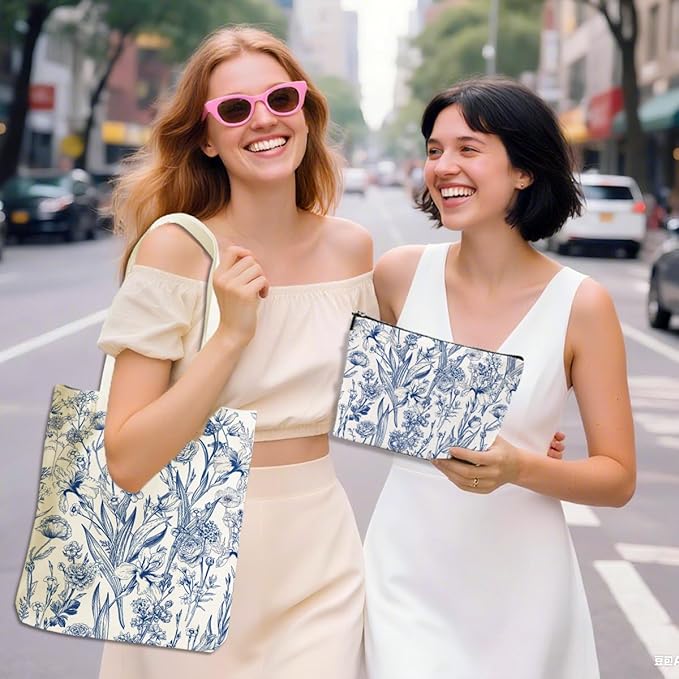 Flower Plant Lover Gifts for Women Canvas Tote Bag with Makeup Bag Cosmetic Bags Grocery Bags for Shopping Christmas