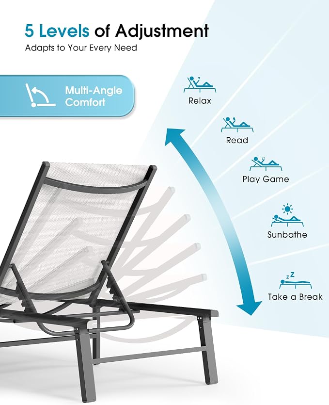 Ciokea Foldable Outdoor Lounge Chair Set of 2, No Assembly Aluminum Chaise Lounge Outdoor with 5 Adjustable Positions, Pool Lounge Chairs with Portable Design for Pool, Deck, Beach, Patio (White)