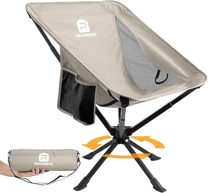 Raynesys Portable Camping Chair 1 Pack, 8 Seconds Quick Setup Folding Camping Chair, Flexible 360° Rotation, 3.8Lb Lightweight Travel Chairs for Easy Carry to Hiking, Sporting, Beach, Khaki