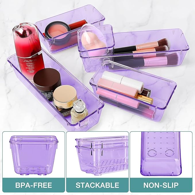 10 PCS Drawer Organizer Set, 4 Varied Size Bathroom and kitchen Drawer cabinet organizer Trays, Clear Storage Bins for Makeup, Jewelry, Utensils and Gadgets, Purple