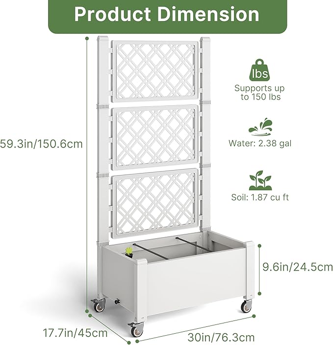 Miory 60" Raised Garden Bed with Trellis & Wheels, Vertical Gardening Planter Box with Water Level Indicator and Drainage System for Garden Outdoor Patio Balcony