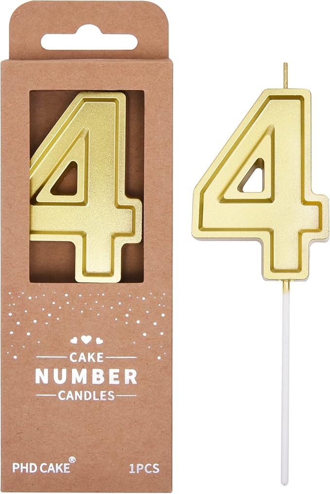 PHD CAKE 2.76 Inch Luxe Gold 4 Number Birthday Candles, Gold Number Candle, Cake Number Candles, Party Celebration