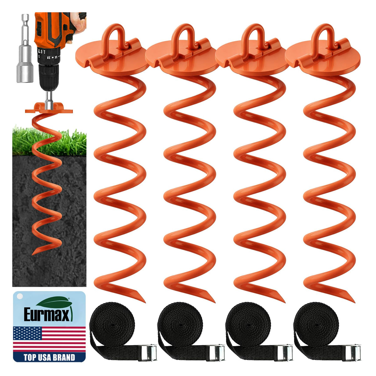 Eurmax USA 4-Pack Spiral Ground Stakes,Anti-Rust High Wind Trampoline Stakes Anchors,Heavy Duty Screw-In Anchor Kit with Tie Down Straps for Dog Tie-out,Trampoline,Tents,Tarps,Carports and more,Orange