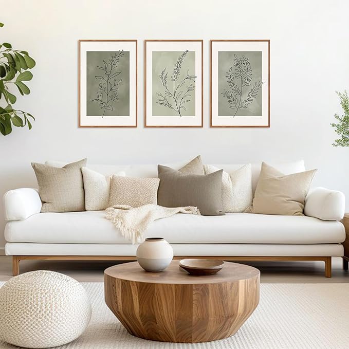 CHDITB Sage Green Framed Canvas Wall Art, Neutral Botanical Line Wall Decor, Olive Tone Plant Poster, Modern Farmhouse Floral Decor, Boho Minimalist Nature Prints for Bedroom Office Decor 16"x24"X3