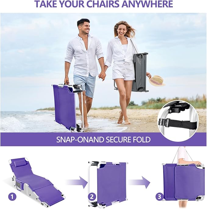 Tanning Chair with Face Hole, Adjustable Folding Chaise Lounge Chairs for Outside with Detachable Pillow & Pocket，Portable flat beach chairs for sunbathing, beach lawns camping (Purple, Oversized)