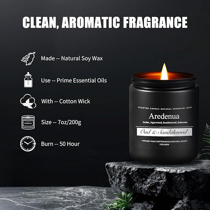 Oud & Sandalwood Candle, Manly Scented Candles for Men, Masculine Candle, Aromatherapy Gifts for Men - 7oz Soy Candles for Home Scented, 50 Hours Burn Time, Perfect for Relaxing Home Fragrance