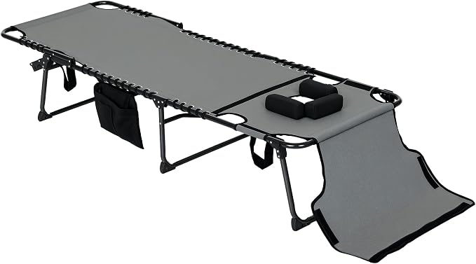Outsunny Folding Chaise Lounge with 5-Level Reclining Back, Tanning Chair with Face Hole, Outdoor Lounge Chair with Side Pocket & Headrest for Beach, Yard, Patio, Gray
