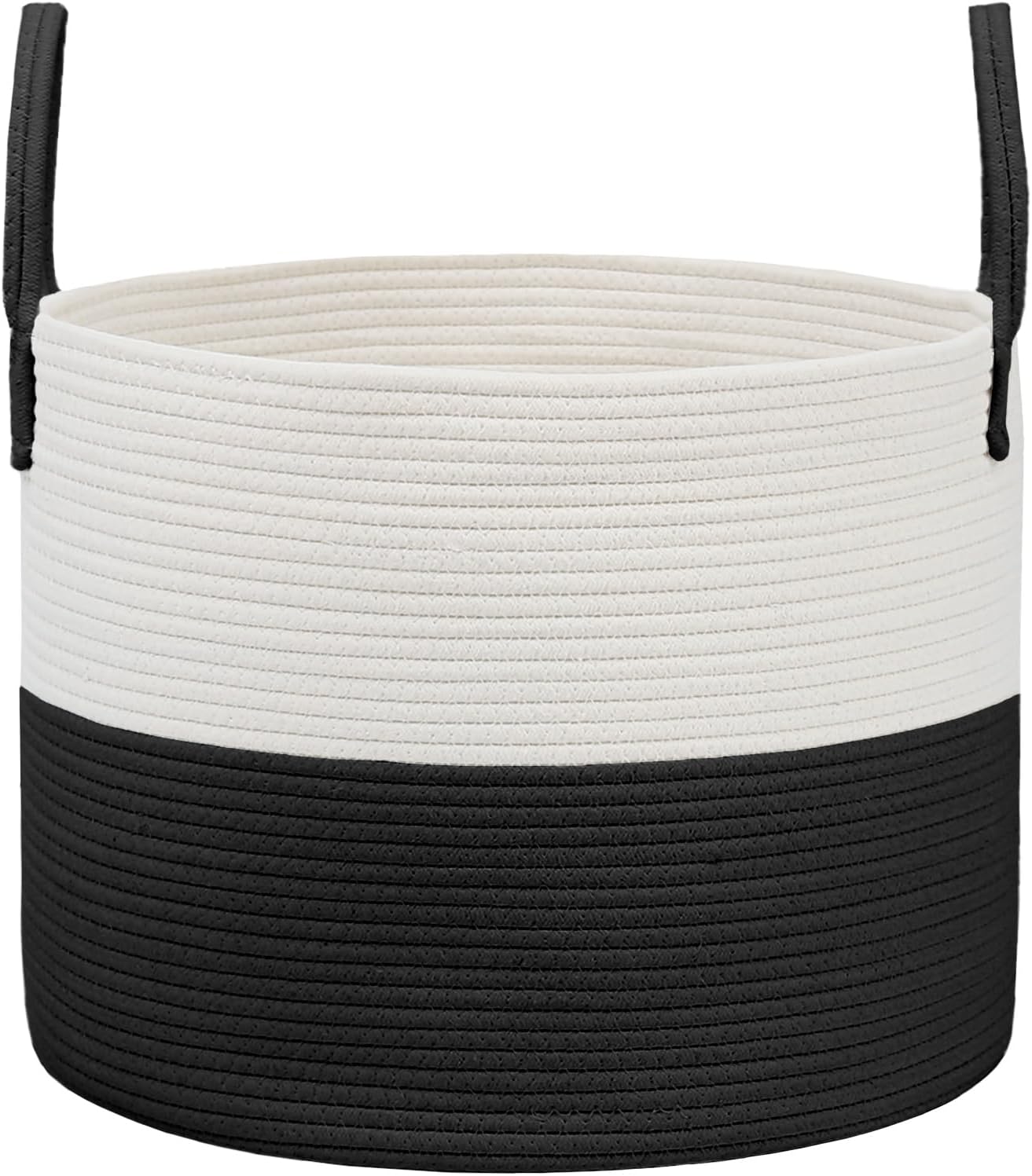 Woven Blanket Basket,115L Large Rope Storage Bin with Handles, Organizer for Blankets Toys Book and Clothes, Laundry Basket for Living Room Bedroom Nursery,White&Black