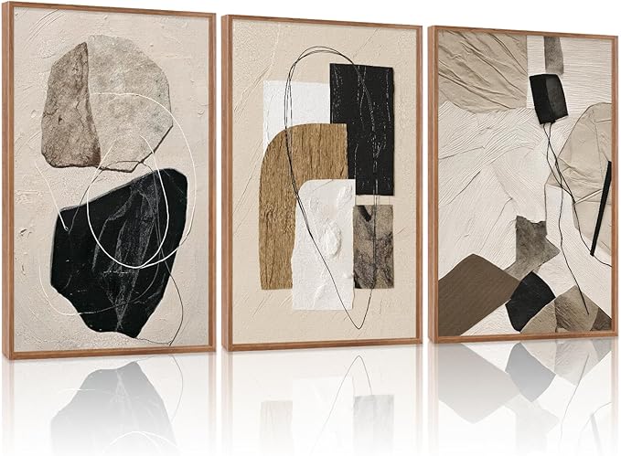 CHDITB Minimalist Geometric Framed Canvas Wall Art Set, Abstract Geometric Texture Wall Decor, Black Beige Wall Painting, Modern Art Prints for Living Room Bedroom Office 16"x24"x3