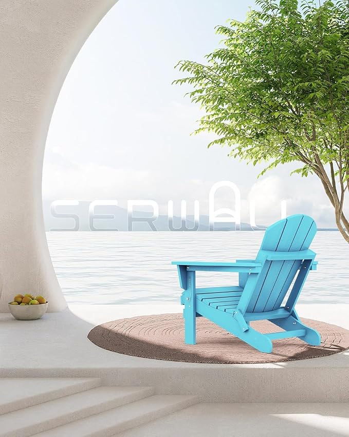 SERWALL Folding Adirondack Chair with Cup Holder Outdoor Adirondack Chairs Weather Resistant Patio Chair Fire Pit Chairs - Light Blue